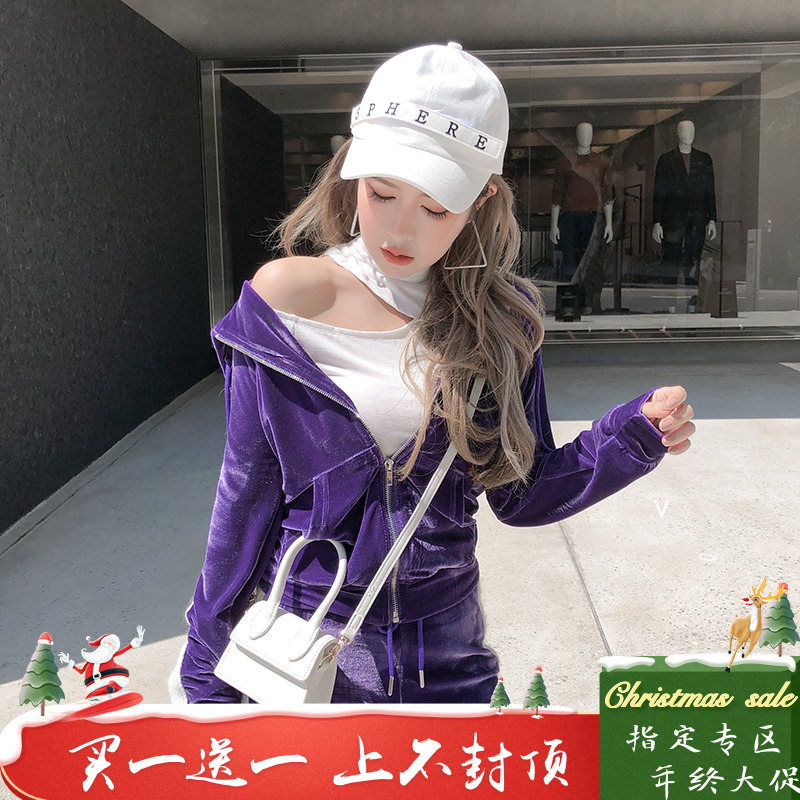 金美希2018秋新款套头连帽开衫丝绒卫衣套装女阔腿裤两件套82869