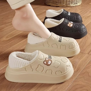 女 情侣室内家居保暖防滑防水包跟厚底月子棉鞋 卡通棉拖鞋 女士冬季