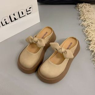 厚底一脚蹬玛丽珍凉鞋 法式 春夏季 女外穿2025新款 蝴蝶结包头半拖鞋