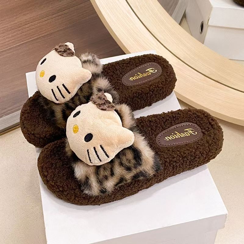 可爱卡通kitty豹纹毛毛拖鞋女