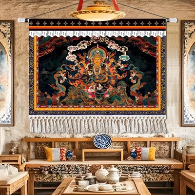 财宝天王黄财神莲师招财聚财藏式挂画挂图装饰办公室墙壁客厅挂毯