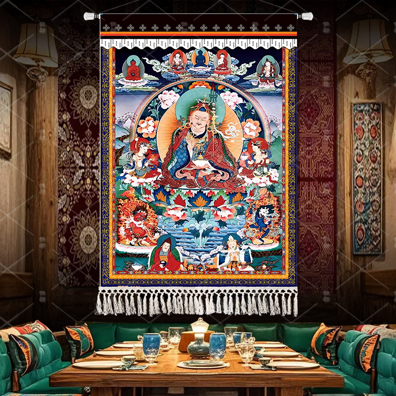 莲花生大士唐卡莲师招财挂画佛画像装饰挂布藏式客厅装饰挂毯竖版