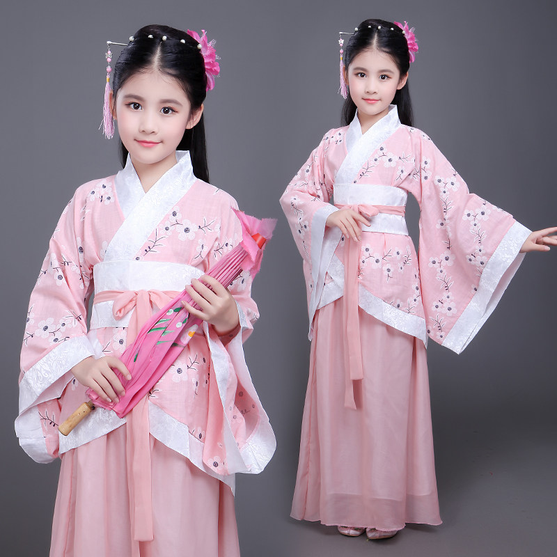 新款汉服女书童古装粉色小孩改良中国风曲裾襦裙国学舞蹈演出服装