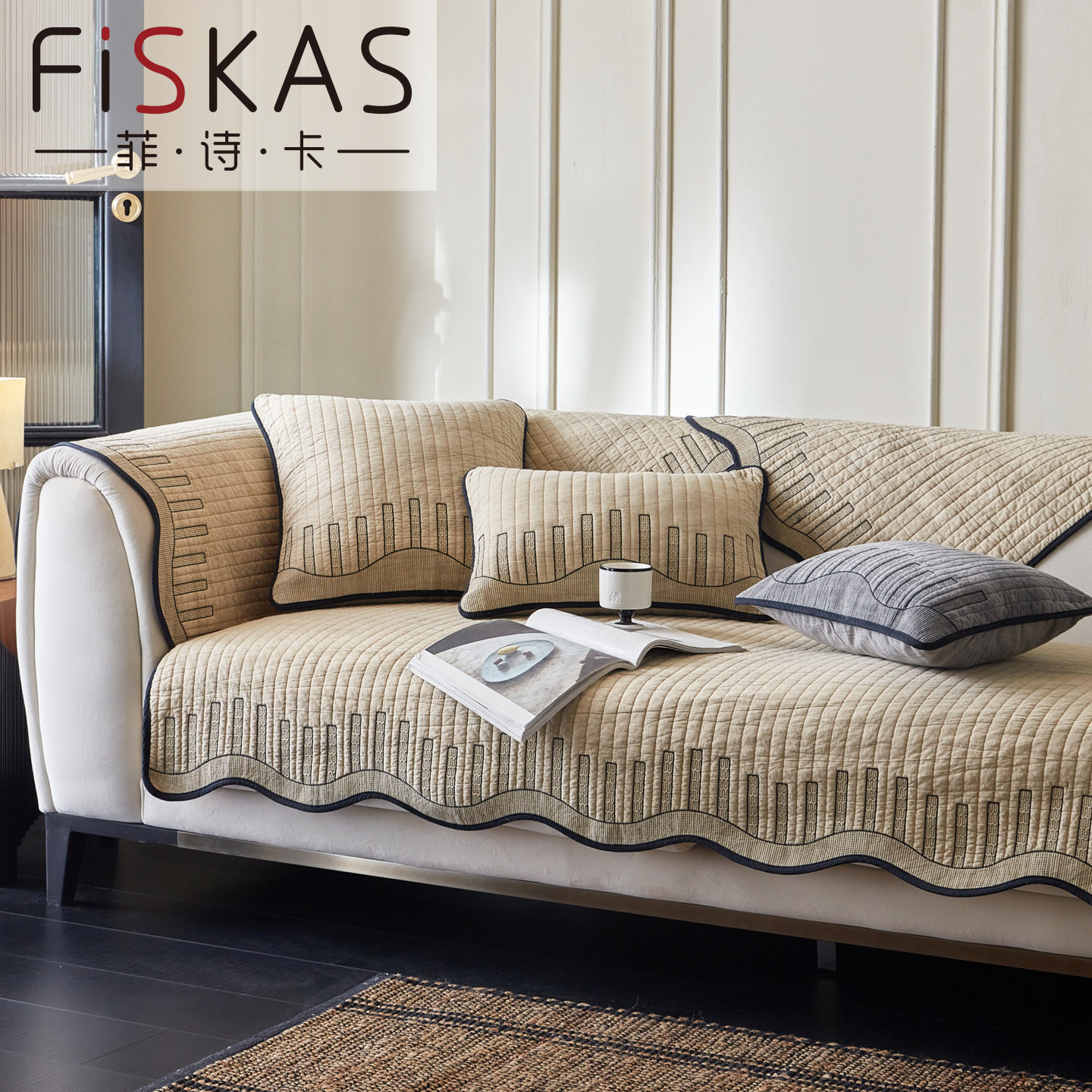 美式精工沙发垫子四季通用棉麻扎染防滑坐垫套罩巾盖布轻奢高级感