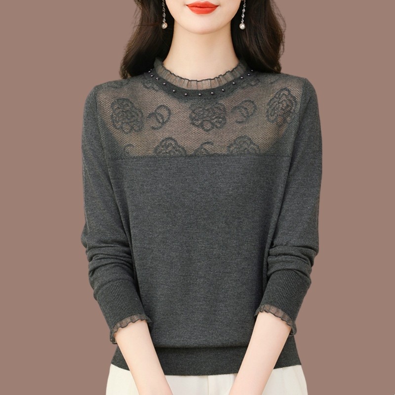 2024春秋中年妈妈长袖t恤女桑蚕丝漂亮时尚小衫蕾丝打底针织上衣
