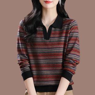 洋气上衣 中年妈妈春季 桑蚕丝长袖 t恤女polo领条纹大码 打底针织衫