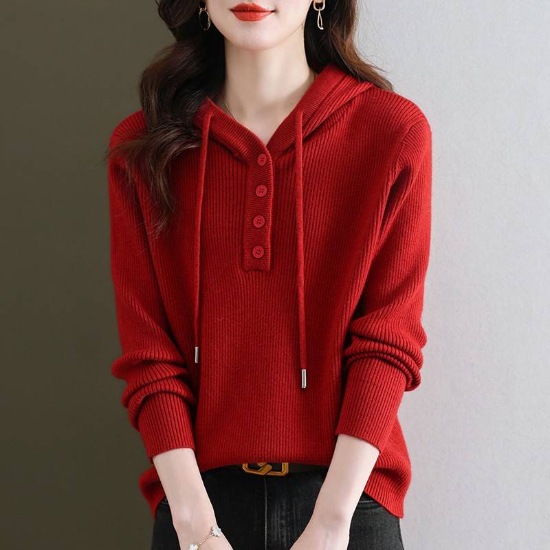 春秋新款2025本命年红色毛衣女宽松大码纯色打底针织短款连帽卫衣