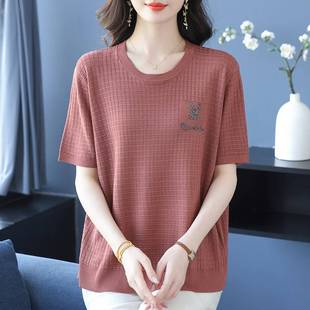 夏季 特大码 时尚 圆领桑蚕丝短袖 妈妈宽松加肥遮肚上衣 T恤女针织衫