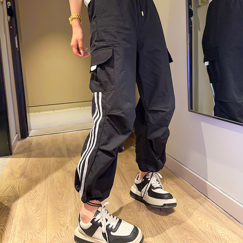 美式黑色工装裤女高腰显瘦时尚休闲裤欧货爆款三条杠直筒运动长裤