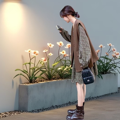 时尚高级感西装马甲套装裙女秋季连衣裙2025新款长袖碎花裙两件套