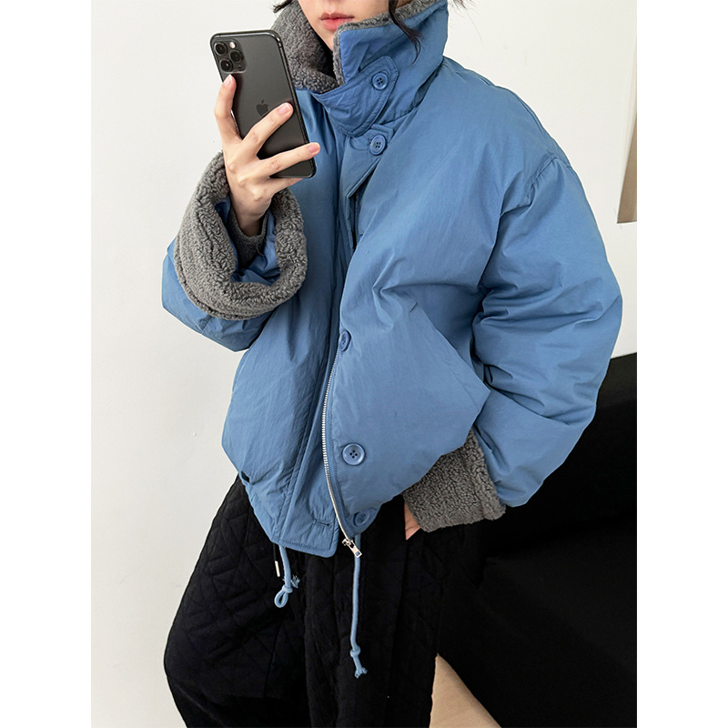 2025冬季女款短款90白鸭绒轻薄羽绒服韩系外套羊羔毛拼接休闲上衣