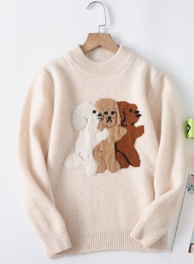 儿童羊绒衫女童双股厚款半高领针织打底衫男童羊毛衫泰迪卡通毛衣