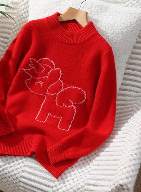 儿童羊绒衫女童双股厚款半高领针织打底衫男童小马羊毛衫卡通毛衣