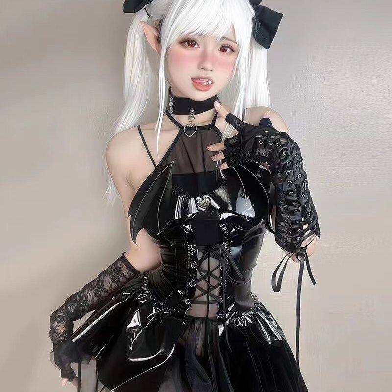 主播网红小恶魔皮裙性感亮面PU收腰显瘦短裙套装jk制服COS二次元