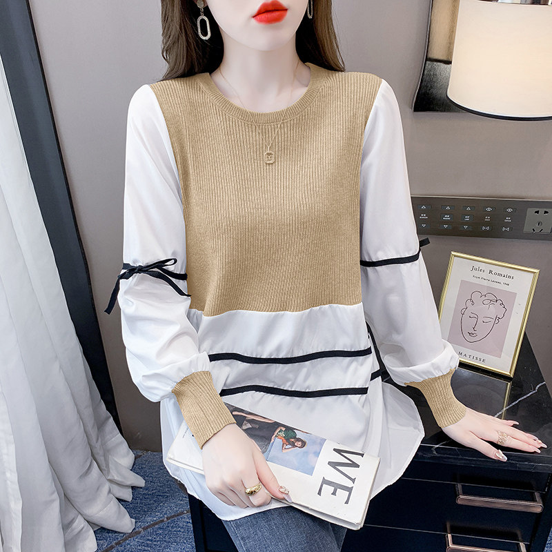 가을 출산 탑 가짜 투피스 셔츠 패션 대형 2024 초가을 새로운 디자인 서양식 연령 감소 셔츠