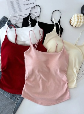 新款纯欲甜辣设计感褶皱吊带背心女带胸垫内搭外穿修身美背上衣