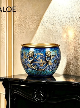 CALOE 蓝釉狮耳铜缸大师匠造孤品 非遗大漆工艺 大宅玄关典藏摆件
