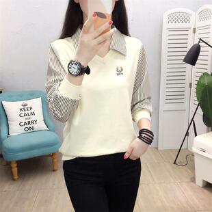 长袖T恤女2026新款春装宽松上衣POLO领假两件刺绣纯棉打底衫卫衣