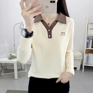 纯棉POLO领长袖T恤女打底衫2026新款春秋装薄款套头卫衣宽松上衣