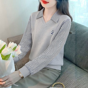 假两件绣花长袖T恤女2026新款春装宽松拼接条纹上衣卫衣打底小衫