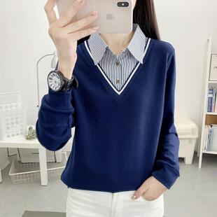 T恤打底衫 拼接宽松长袖 上衣 秋装 POLO领假两件纯棉卫衣女2025新款