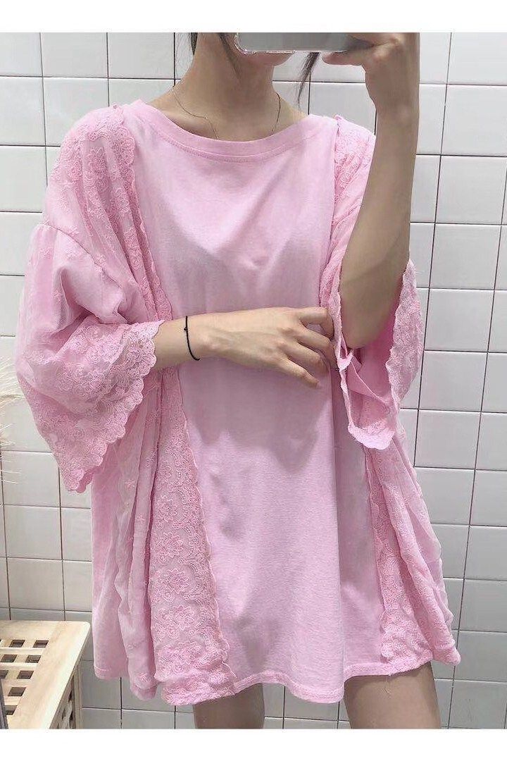 sunflower韩国东大门蕾丝拼接纯色中长款宽松显瘦纯棉短袖T恤裙女|ruв категории Женская одежда, футболка - от Buy2taobao.com для оказания профессиональной услуги покупки агента Taobao