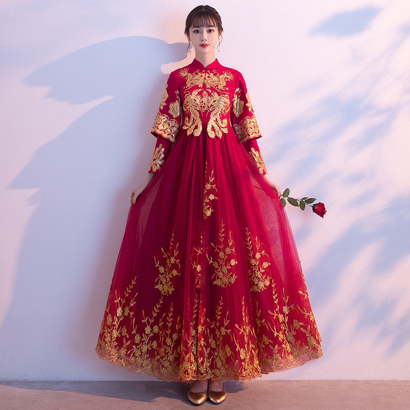 酒红色敬酒服新娘2020新款秀禾服孕妇结婚遮肚子婚纱礼服平时可穿