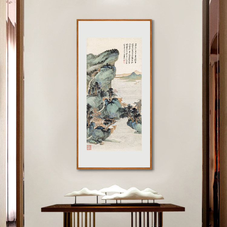 张大千山水画新中式玄关装饰画竖版茶室走廊过道壁画招财水墨挂画