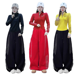 春秋跳舞广场舞薄绒烫钻修身T恤打底衫弯刀裤休闲裤套装演出服