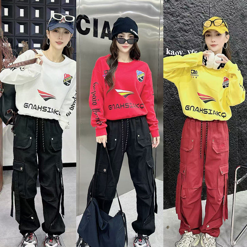 春秋曳步舞跳舞广场舞鬼步舞服装抽绳卫衣休闲工装裤富丽紫萝套装