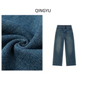 女 女小个子百搭显瘦九分牛仔裤 秋冬新款 加绒四面弹高腰直牛仔筒裤