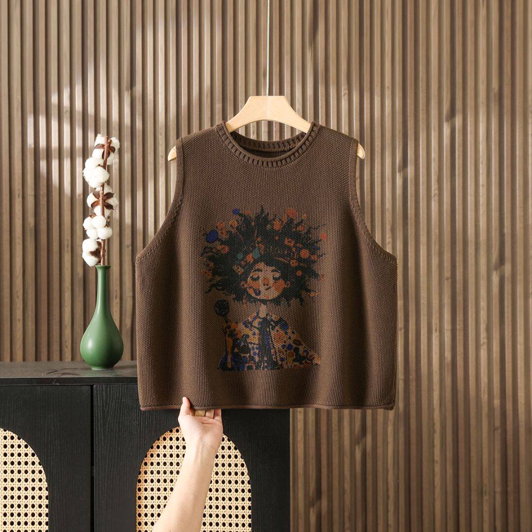 大码印花秋冬宽松外搭针织棉马甲外穿女款马夹背心坎肩衬衫叠穿