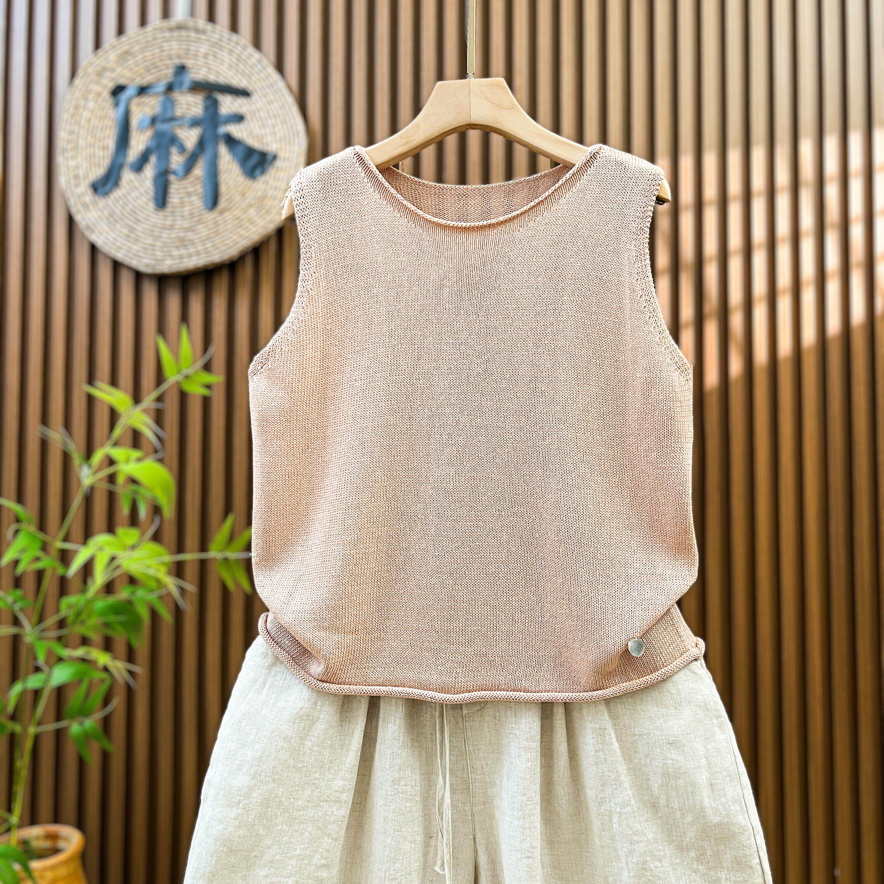 【透气凉爽】亚麻针织马甲小背心吊带女外穿夏季薄款无袖上衣短款