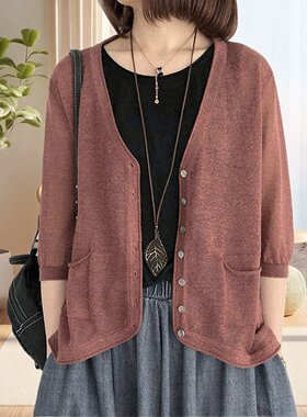 【透气凉爽】夏季亚麻防晒开衫七分袖外搭针织衫上衣配吊带裙女
