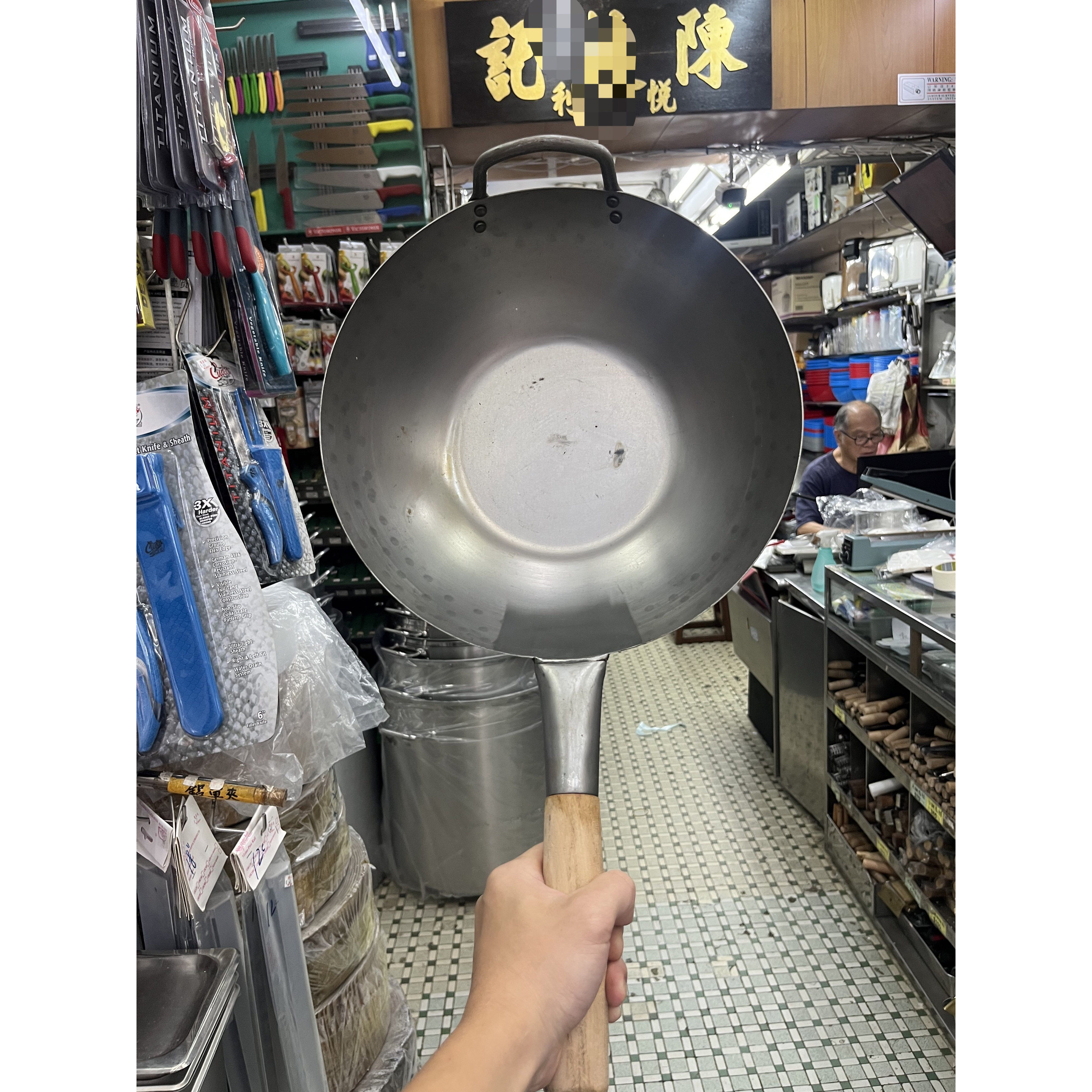 香港锅陈枝支记炒锅木柄单耳平底熟铁锅无涂层传统手工手打纯铁锅