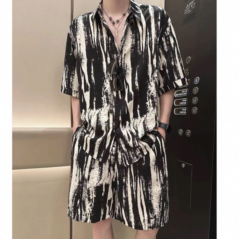 夏季青年男士薄款绵绸衬衫短裤套装宽松大码休闲人造棉开衫家居