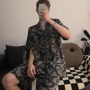 夏季青年男士薄款绵绸衬衫短裤套装宽松大码休闲人造棉开衫家居