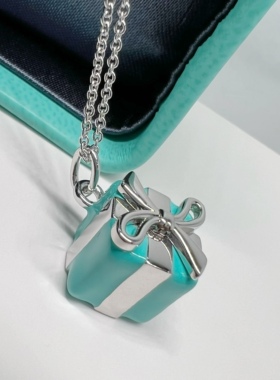 蝴蝶结礼物盒项链女纯银粗链条情侣手环蓝色珐琅彩手链轻奢小众潮