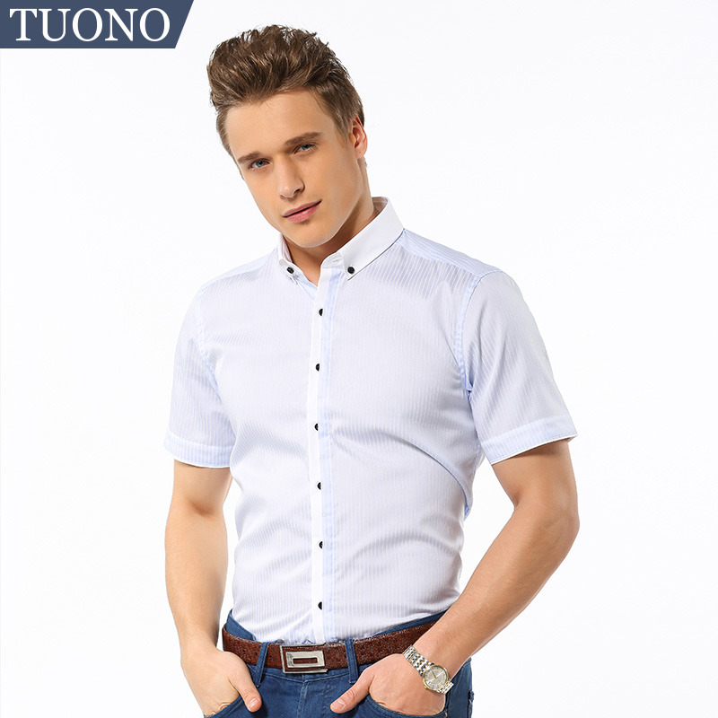 tuono托诺春夏免烫条纹短袖衬衫