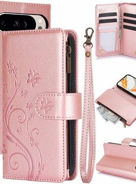 适用谷歌6A拉链钱包手机壳9ProXL翻盖多卡皮套FRID防盗刷Pixel8Pro蝴蝶压花保护套Google 7Pro磁扣挂绳皮壳