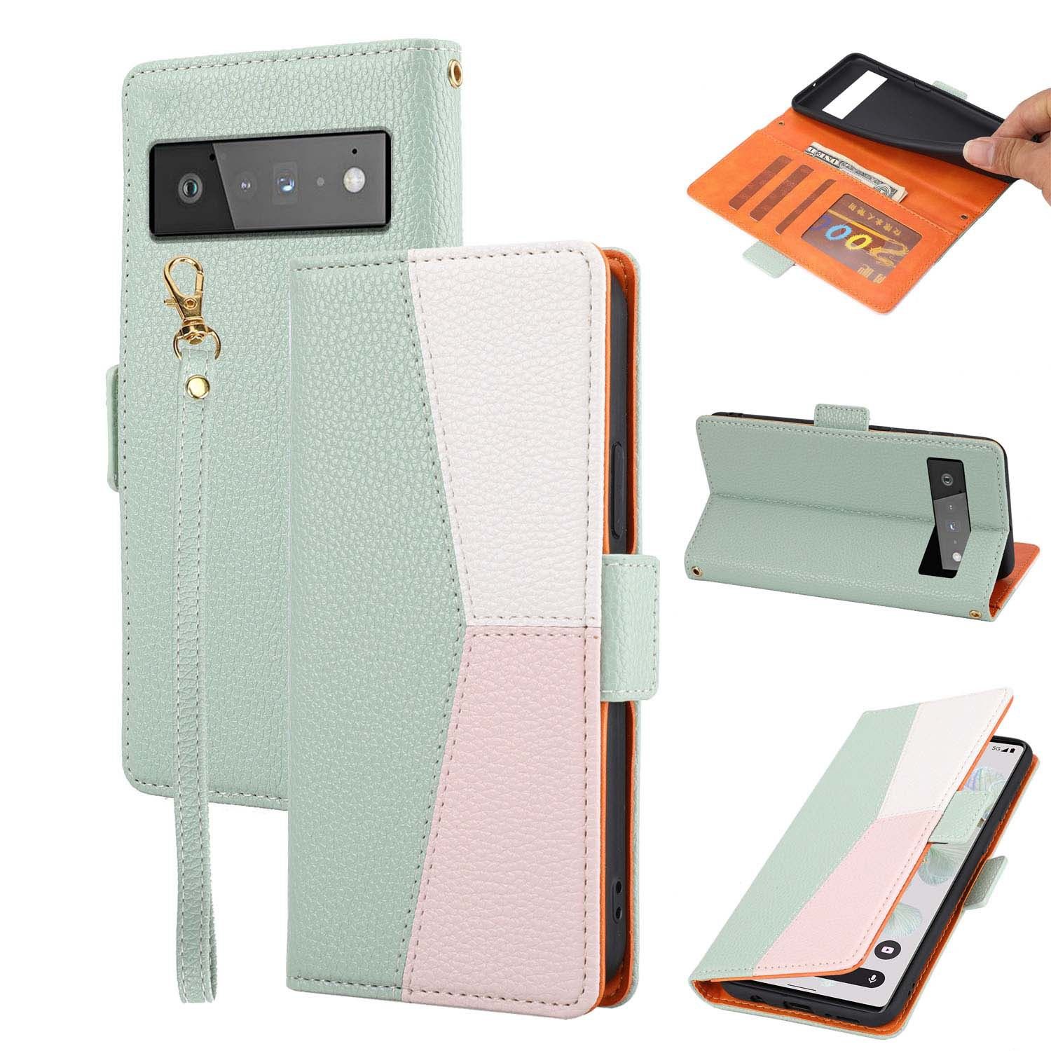 适用谷歌9ProXL拼接三色皮套Pixel8插卡手机壳6A翻盖磁扣7A荔枝纹保护套8Pro钱夹皮壳4A 5G挂绳保护壳