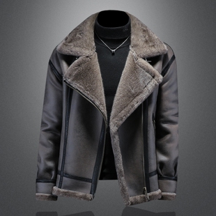 皮毛一体男士冬季加绒加厚皮衣短款机车服夹克皮袄男装羊羔毛外套
