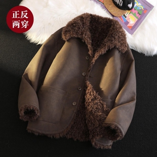 机车服皮袄男装 皮毛一体男士 加绒加厚皮衣短款 大码 羊羔毛外套 冬季