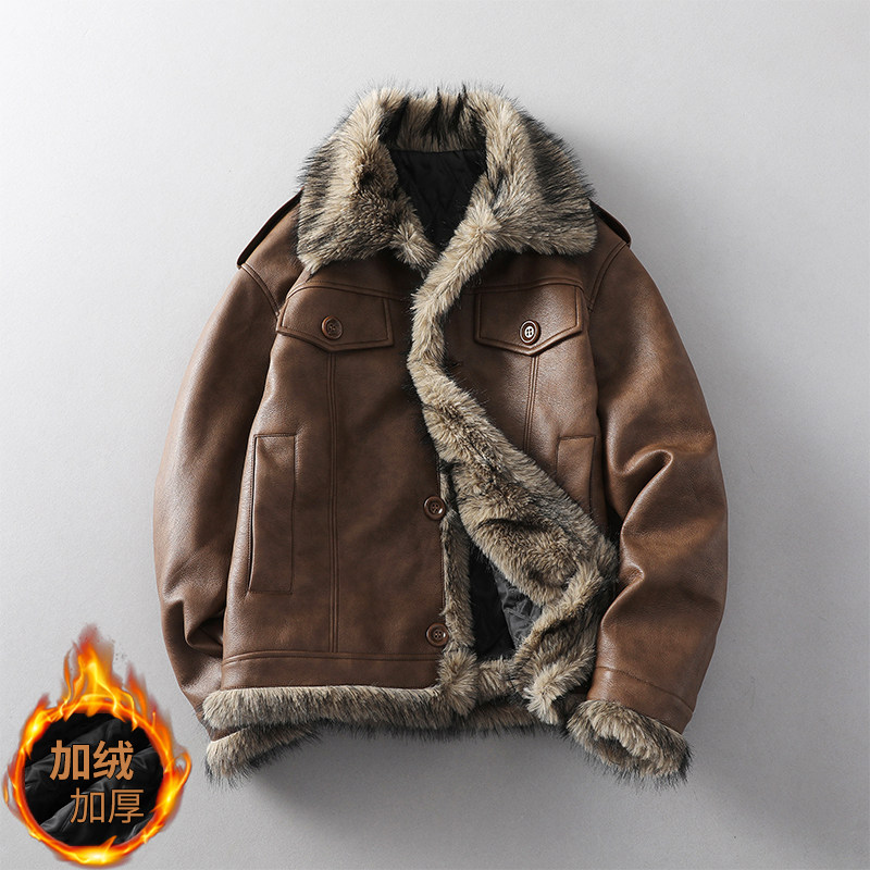 座山雕皮毛一体男士冬季潮加绒加厚皮衣短款机车服皮袄羊羔毛外套