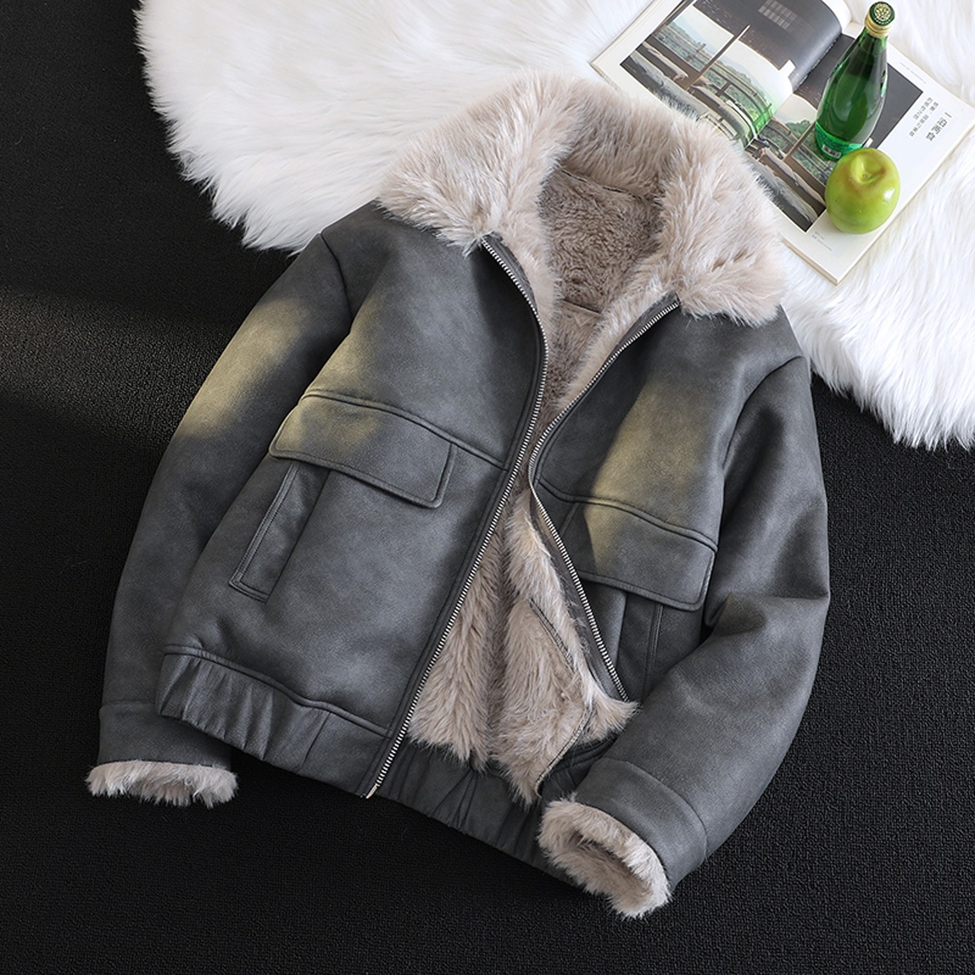 皮毛一体男士冬季大码加绒加厚皮袄短款机车服男装羊羔毛棉衣