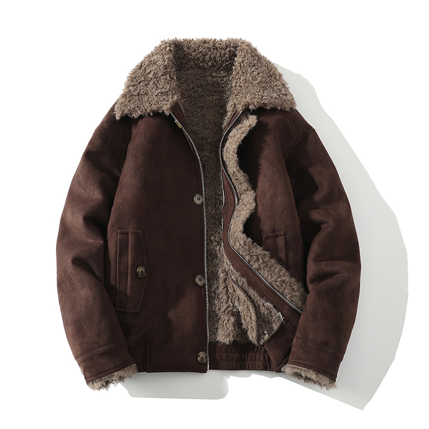 皮毛一体男士冬季大码加绒加厚夹克翻领麂皮机车服男装羊羔毛外套