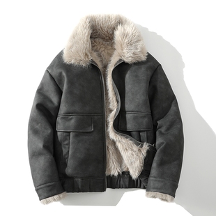 皮毛一体男士冬季加绒加厚皮衣大码短款机车服皮袄男装羊羔毛外套