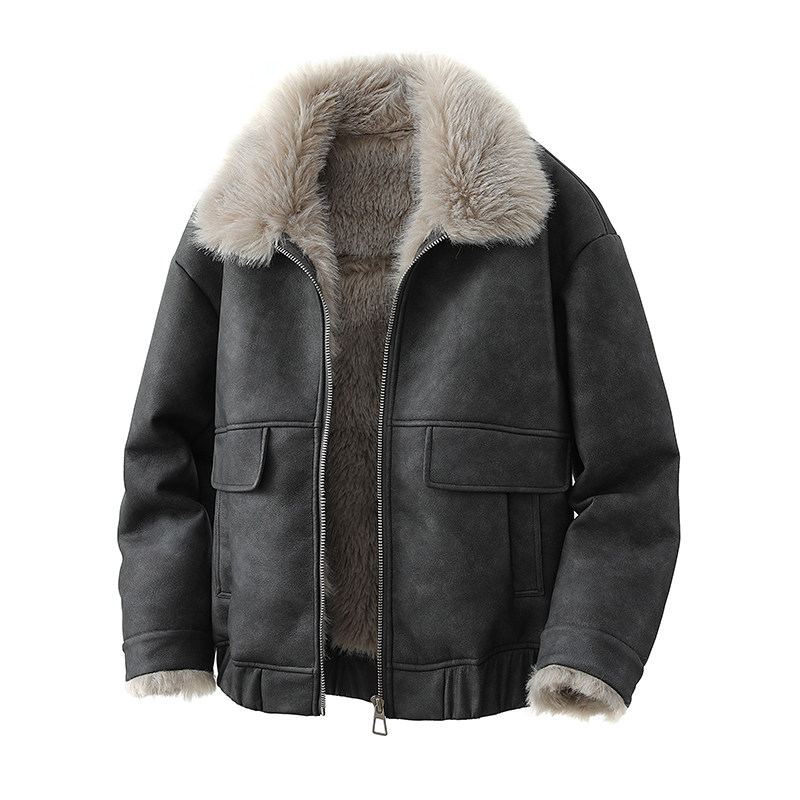 皮毛一体男士冬季大码加绒加厚夹克短款机车服男装羊羔毛棉衣外套