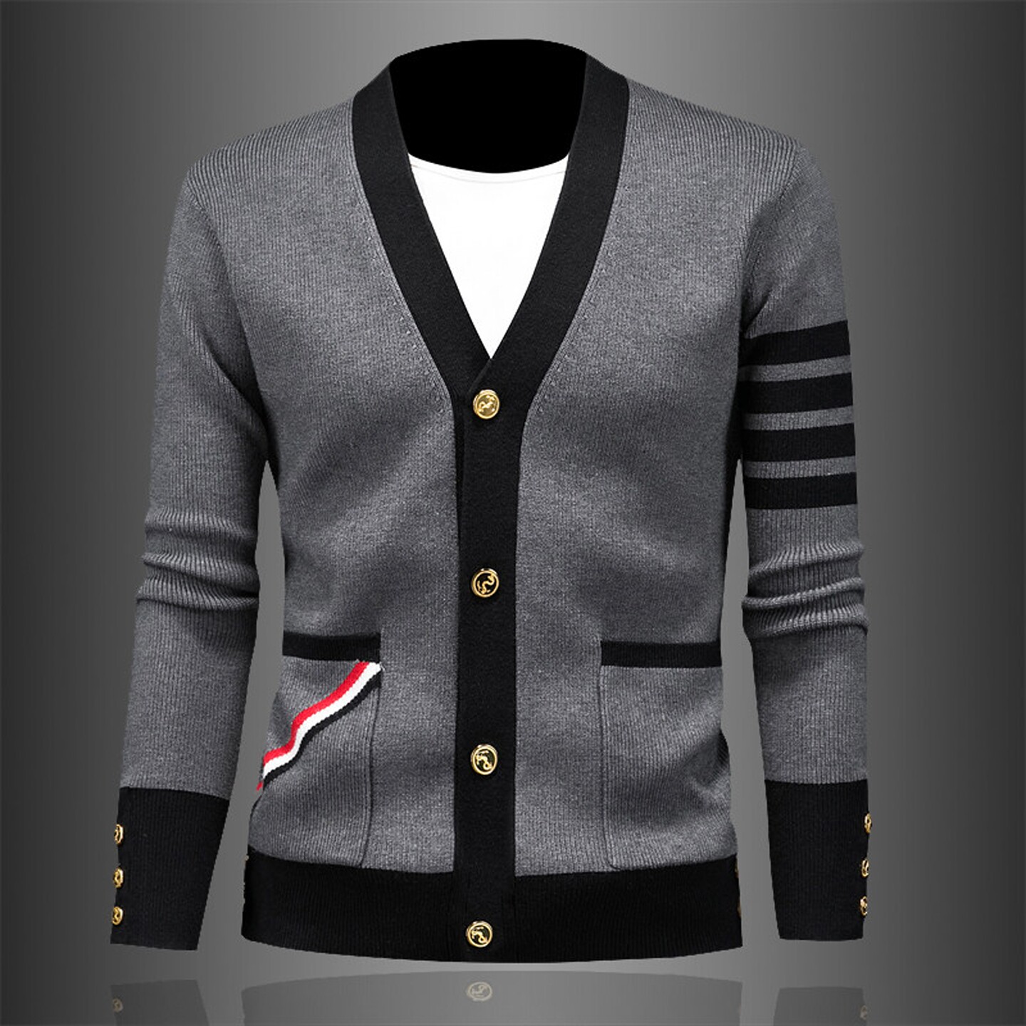 2026新款休闲风V领针织开衫男修身长袖毛衣青年个性羊毛线衣外套