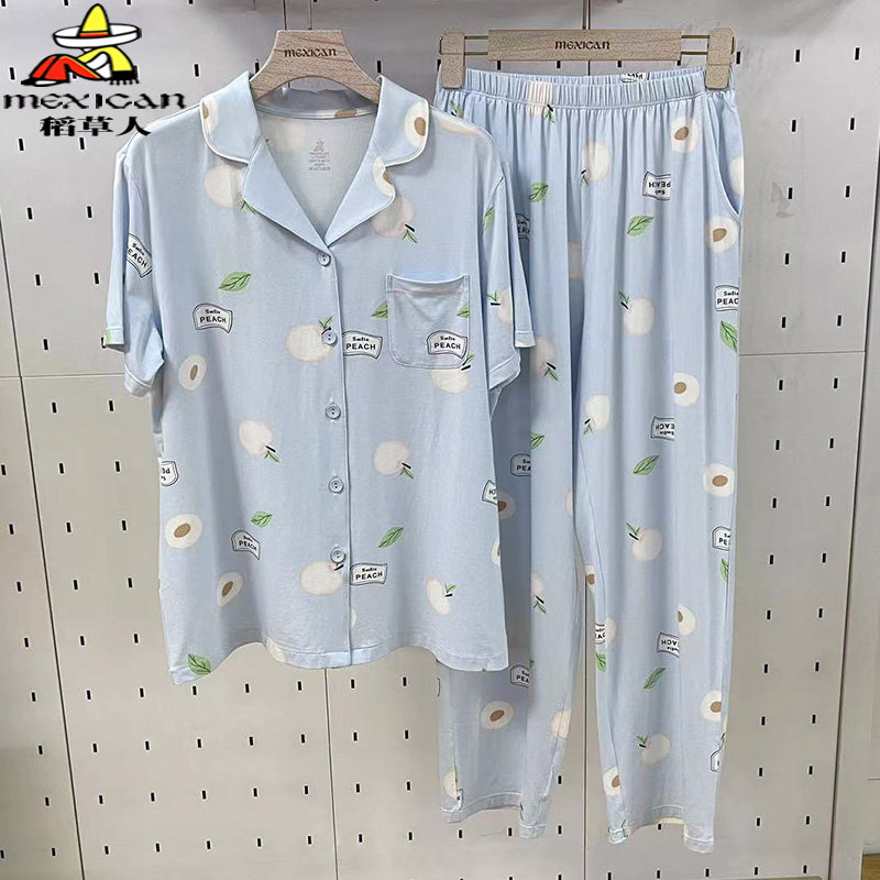 稻草人睡衣女士夏季棉质短袖长裤家居服夏天薄款夏款套装DC482103